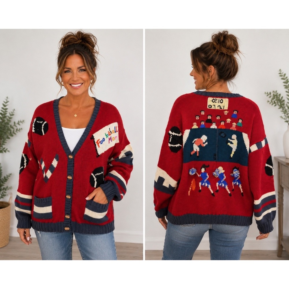 Vintage Berek Hand Knit Wool Football Cheerleader Cardigan Sweater Large 3D #65
